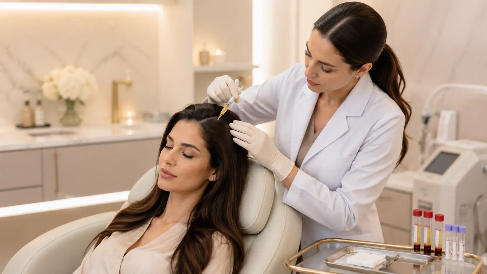 Doctor performing PRP treatment for scalp hair regrowth