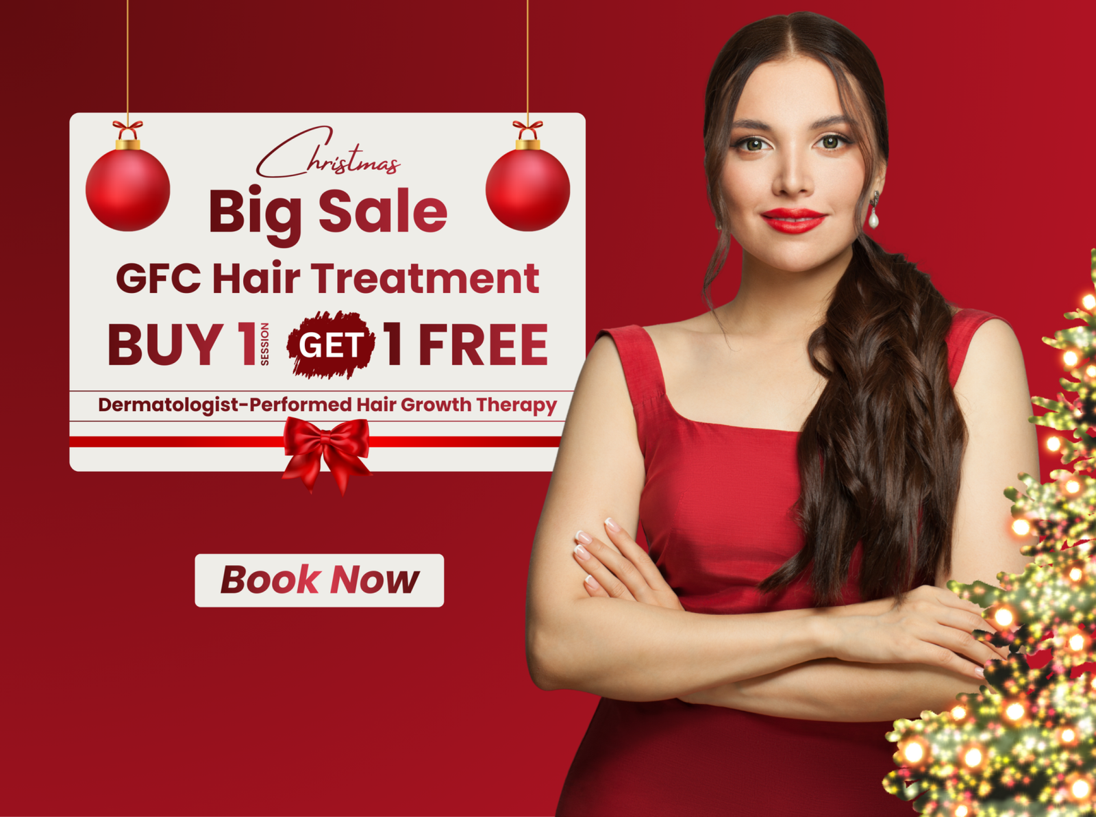 Christmas Big Sale banner featuring GFC Hair Treatment offer – Buy 1 Session Get 1 Free, dermatologist-performed hair growth therapy.