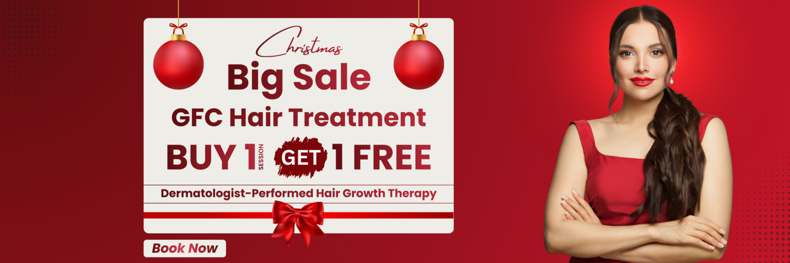 Christmas Big Sale banner featuring GFC Hair Treatment offer – Buy 1 Session Get 1 Free, dermatologist-performed hair growth therapy.